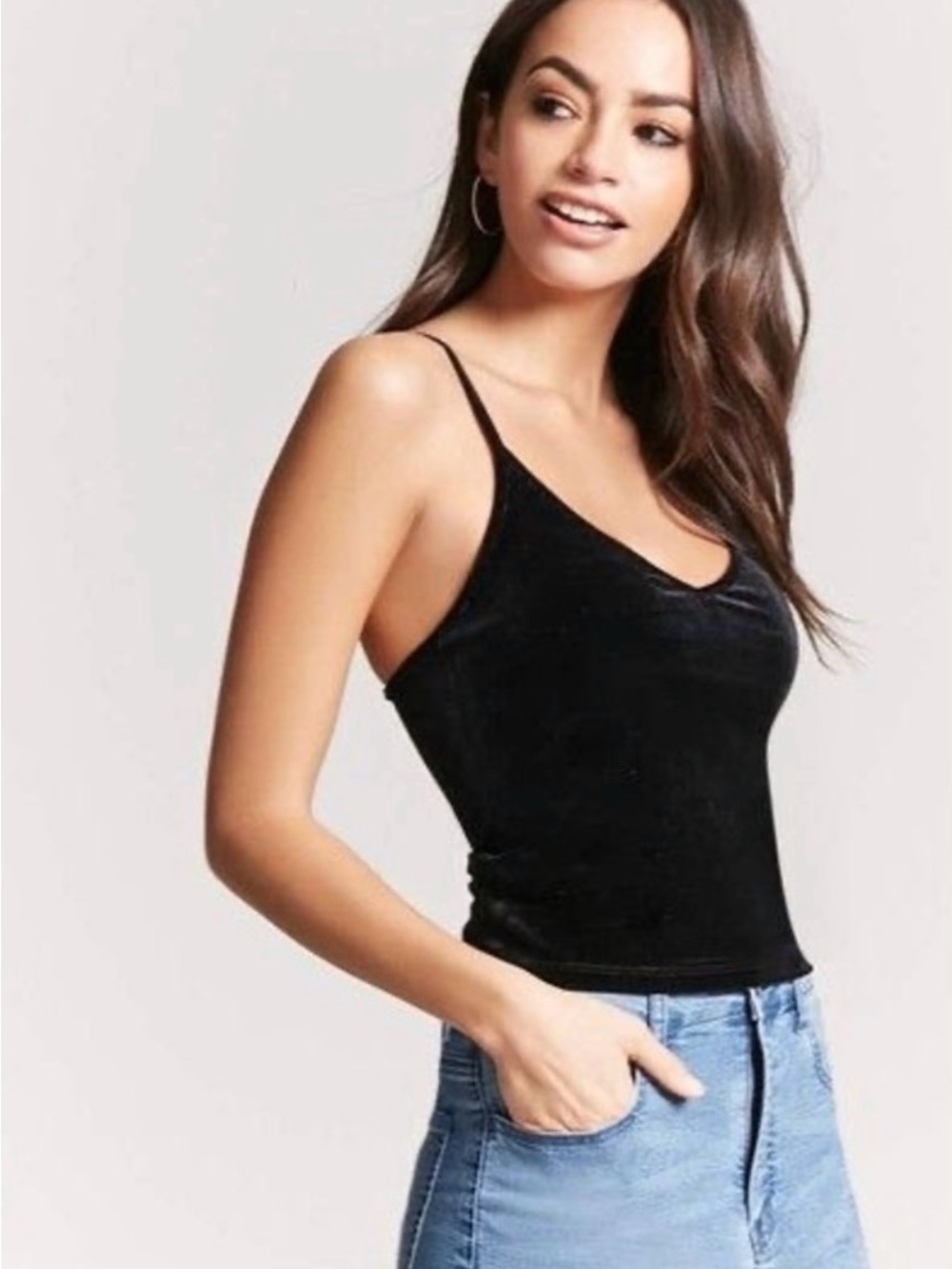 Forever 21 Black Velvet Cami Tank Top Spaghetti Strap Crop Size Small